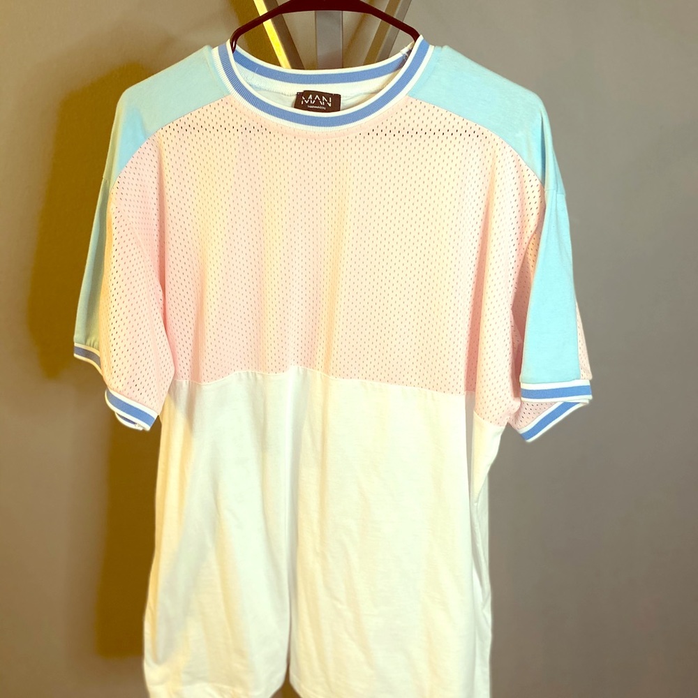Boohoo Men’s Pink & Blue Mesh Mixed Media T-Shirt
